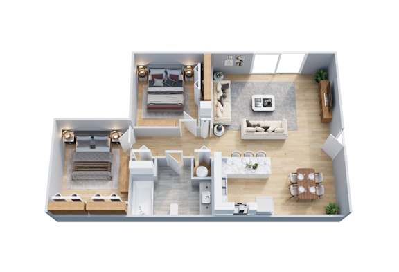 A top-down view of a modern apartment layout with a living room, kitchen, dining area, and bedrooms.