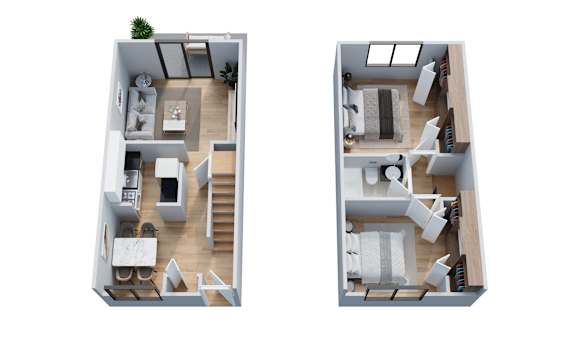Two images of a house layout with a living room, kitchen, and bedrooms.