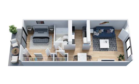 A top-down view of a modern apartment layout with a living room, kitchen, dining area, and bedrooms.
