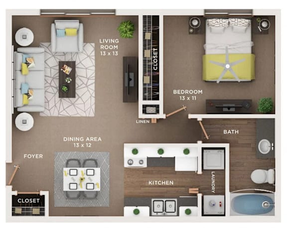 A floor plan of a small apartment with a living room, dining area, kitchen, bathroom, and bedroom.