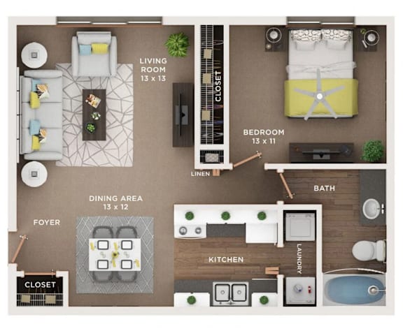 A floor plan of a small apartment with a living room, dining area, kitchen, bathroom, and bedroom.