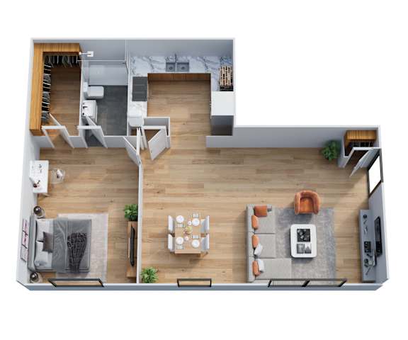 A top-down view of a modern living room with a grey sofa, a coffee table, and a TV.