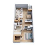 A floor plan of a small apartment with a kitchen, living room, and bedroom.