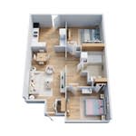 A floor plan of a small apartment with a kitchen, living room, and two bedrooms.
