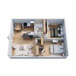 A dollhouse with a kitchen, living room, and bedroom.