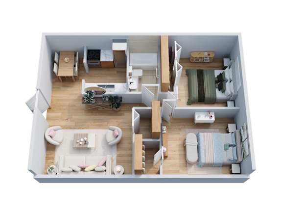 Floor Plan  A top-down view of a small apartment with a living room, kitchen, and bedroom.