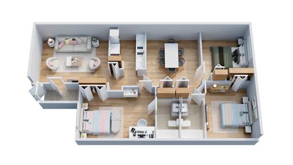 A 3D floor plan of a house with a kitchen, living room, dining room, and bedrooms.