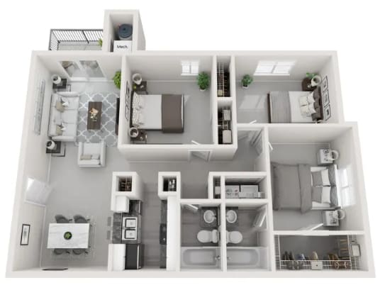 A 3D floor plan of a house with a kitchen, living room, and bathrooms.