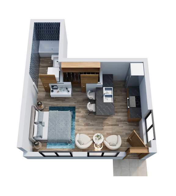 A top-down view of a modern, open-plan living space with a kitchen, dining area, and a lounge area with a sofa and chairs.