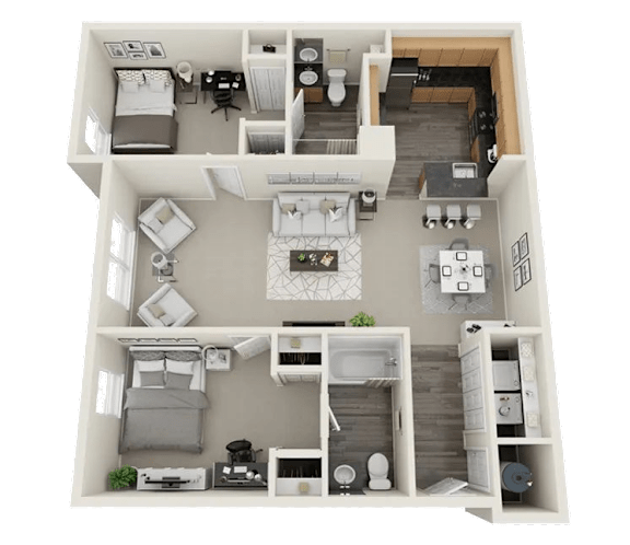 A 3D floor plan of a small apartment with two bedrooms, a living room, and a kitchen.