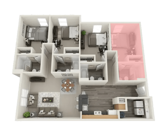 A 3D floor plan of a house with two bedrooms, a living room, a kitchen, and a bathroom.