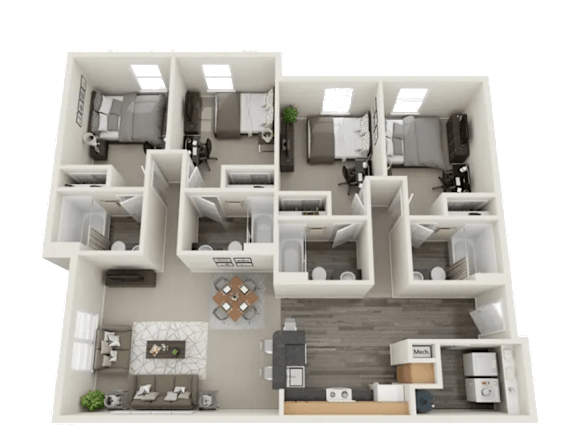 A 3D floor plan of a house with two bedrooms, a living room, a kitchen, and a bathroom.