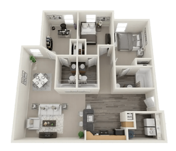 A detailed 3D floor plan of a house layout.