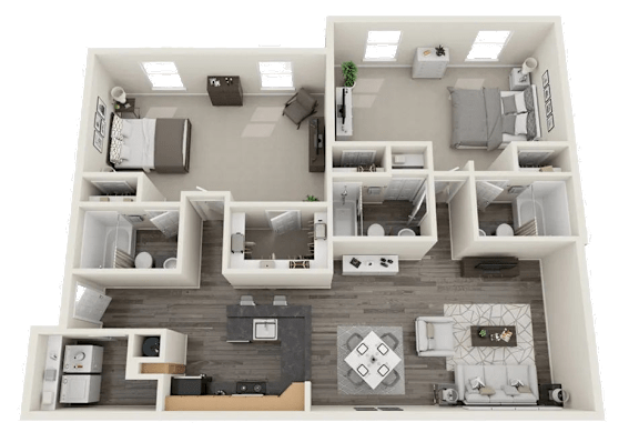A detailed 3D floor plan of a two-bedroom apartment.