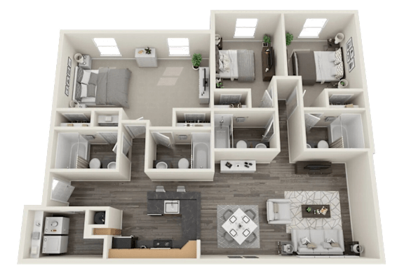 A 3D rendered image of a house layout.