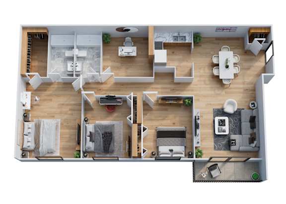A top-down view of a well-organized apartment layout.
