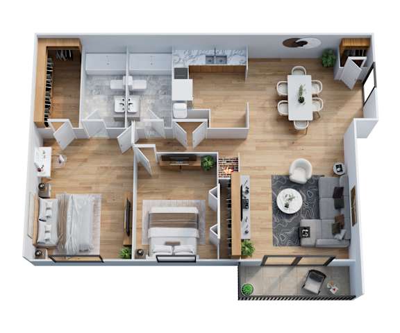 A top-down view of a modern apartment layout with a kitchen, living room, and dining area.