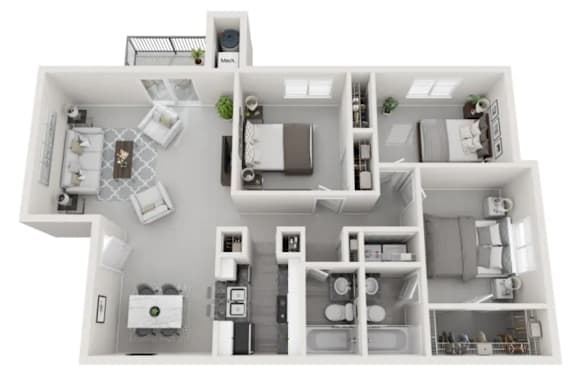 A top-down view of a modern apartment layout with a kitchen, living room, and bathroom.
