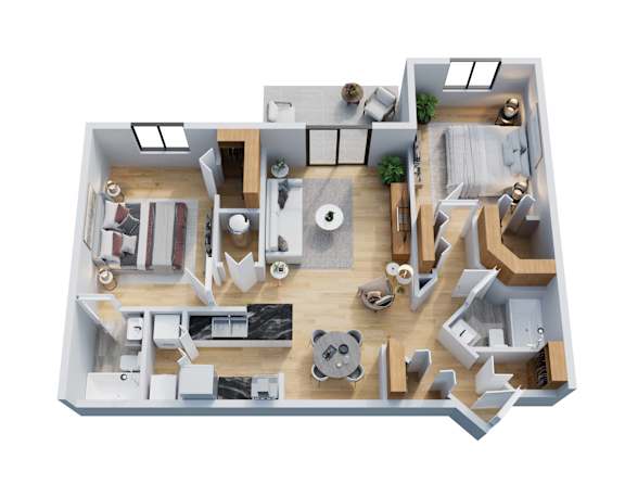A top-down view of a house interior with a kitchen, living room, and bedrooms.