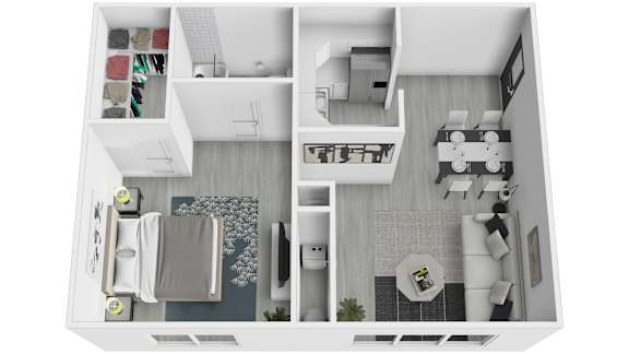 A top-down view of a modern apartment with a kitchen, living room, and bedroom.