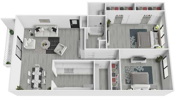 A top-down view of a modern, white-walled apartment with multiple rooms and furniture.