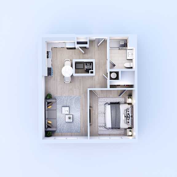 A top-down view of a small apartment with a living room, kitchen, and bedroom.