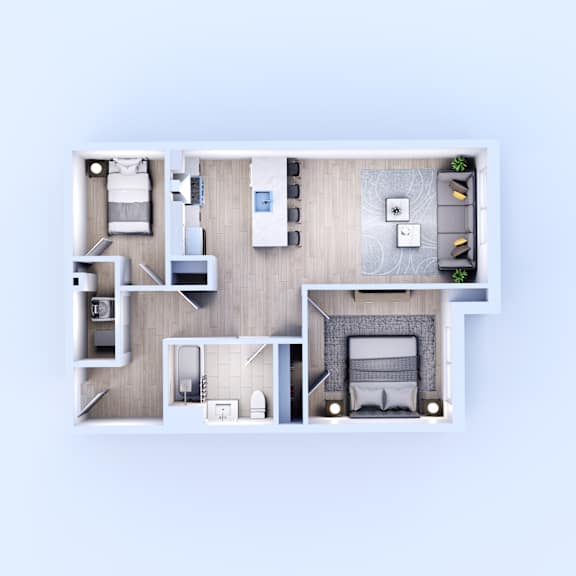 A top-down view of a modern apartment layout with a kitchen, living room, and bedrooms.