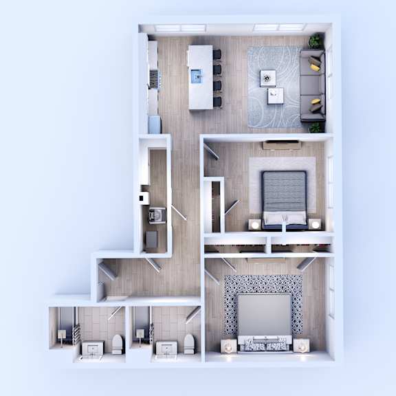 A modern apartment layout with a living room, kitchen, and two bedrooms.