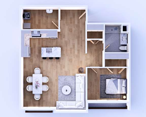 A top-down view of a small apartment with a kitchen, living room, and bedroom.
