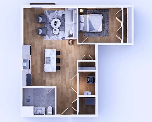 A top-down view of a modern living room with a dining area and kitchen.