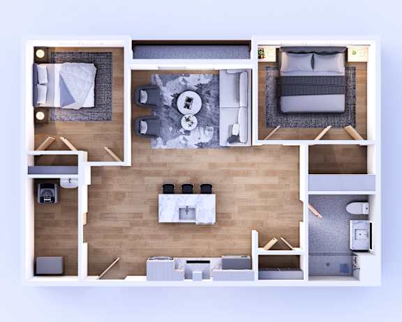 A top-down view of a small apartment with a living area, kitchen, and two bedrooms.