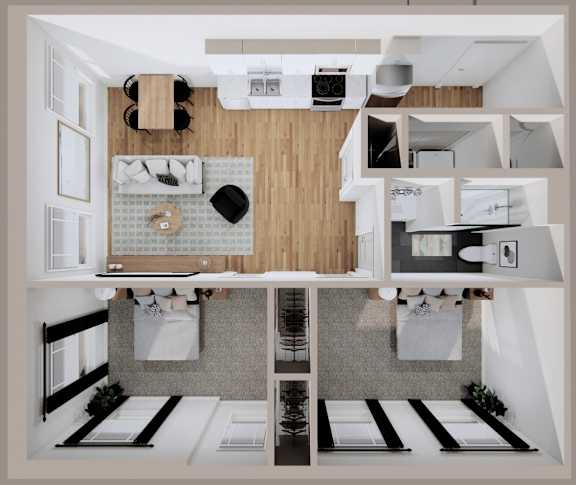 A modern, minimalist kitchen with a central island and a dining area.