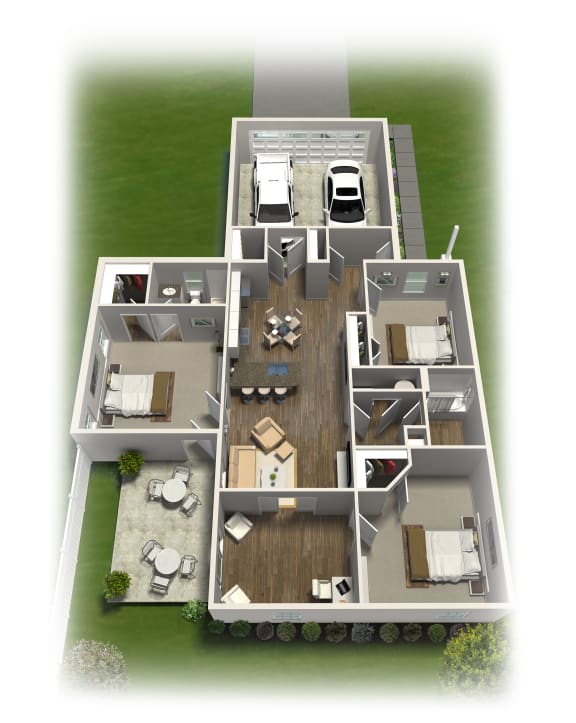 a 3d floor plan of a house with a garage and a balcony floor plan, transparent