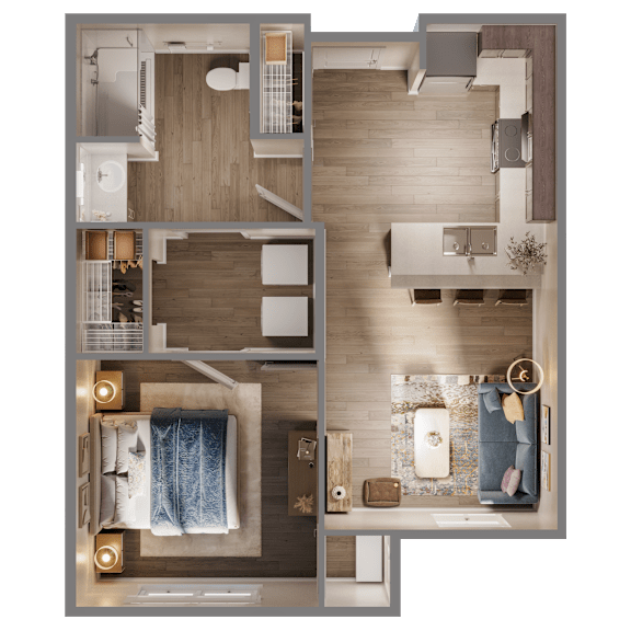 A top-down view of a modern bathroom with a large mirror, sink, and towel. at Evergreen Heights Apartments, Toledo, OH, 43614