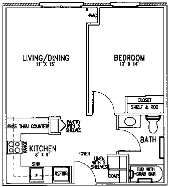 A floor plan of a home with a living/dining area, kitchen, bedroom, bath, and closet.