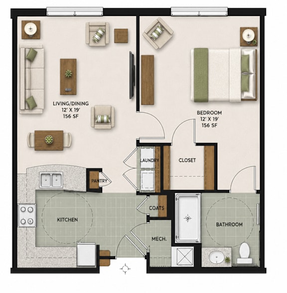 A floor plan of a house with a living room, dining room, kitchen, pantry, bathroom, and bedroom.