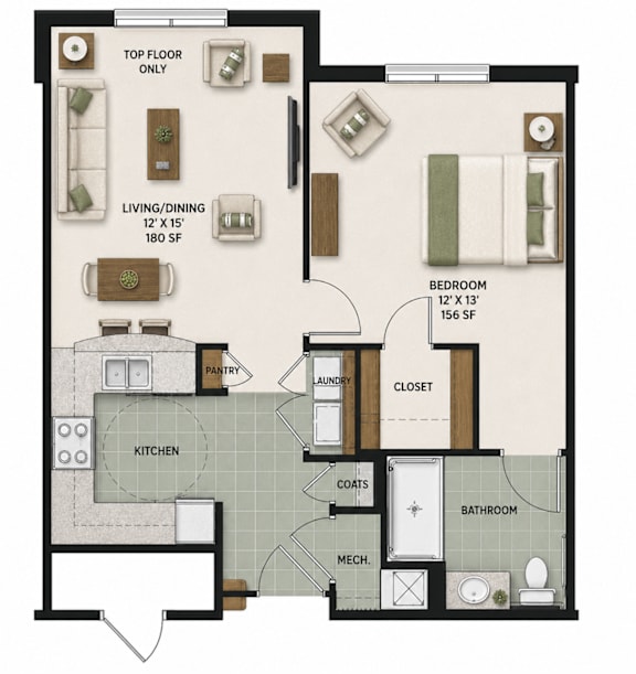 A floor plan of a house with a living room, kitchen, bathroom, and bedroom.