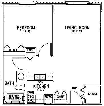 A floor plan of a small apartment with a bedroom, living room, kitchen, and bathroom.