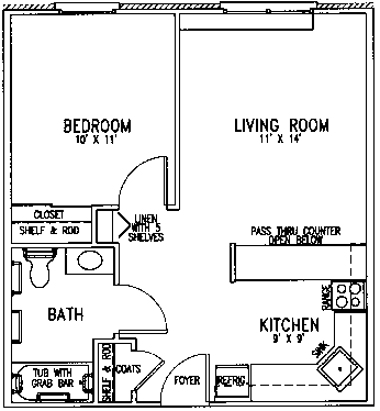 A floor plan of a small apartment with a bedroom, living room, kitchen, and bathroom.