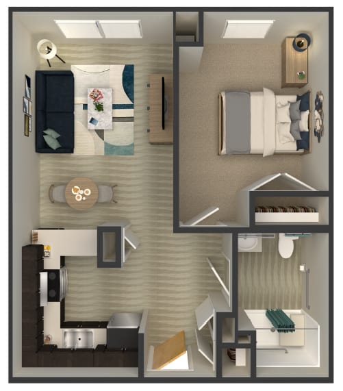 A top-down view of a small apartment with a bedroom, living room, and kitchen.