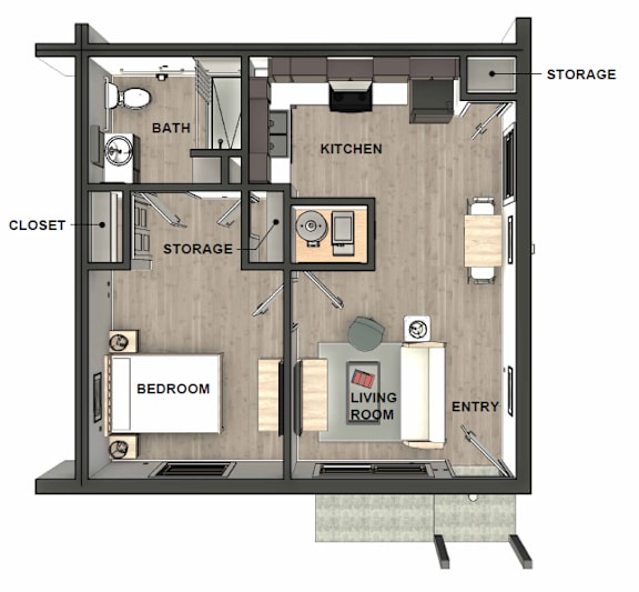 A drawing of a floor plan for an apartment with a bedroom, living room, kitchen, and bathroom.