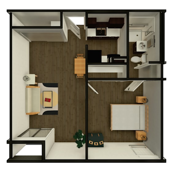 A 3D rendered image of a modern, minimalist interior design.