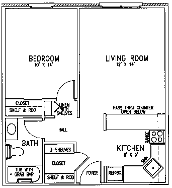 A floor plan of a small apartment with a bedroom, living room, kitchen, and bathroom.