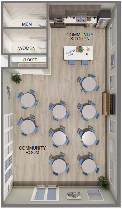 A floor plan of a large community room with warming kitchen.
