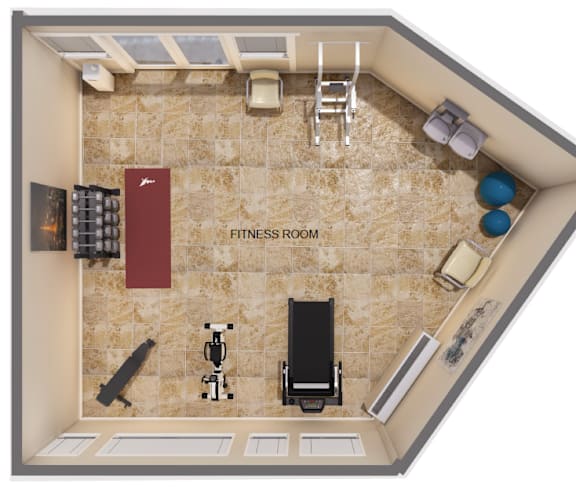 A fitness room with a treadmill, weights, and exercise balls.