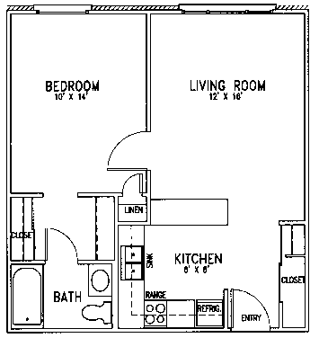A floorplan of a one bedroom apartment with a full bathroom, full kitchen. th a bedroom, living room, kitchen, and bathroom.
