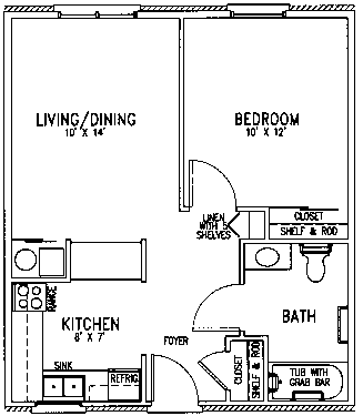 A floor plan of a small apartment with a living/dining area, kitchen, bathroom, and bedroom.