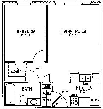 A floor plan of a small apartment with a bedroom, living room, kitchen, bathroom, and closet.