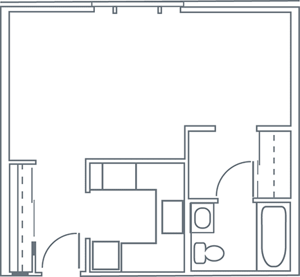 A floor plan of a room with furniture and a door.