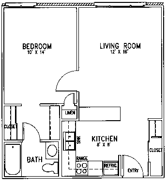 A floor plan of a small apartment with a bedroom, living room, kitchen, and bathroom.